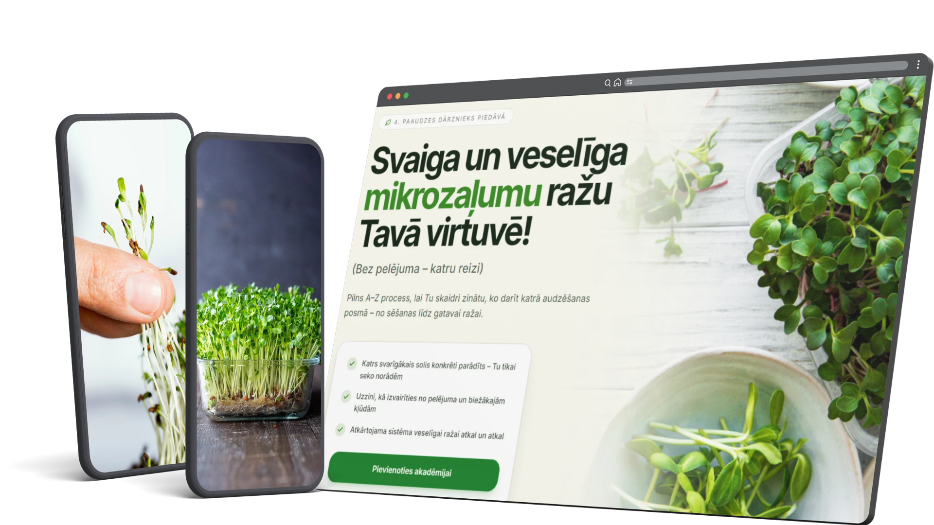 Mikrozaļumu Akadēmija kursa apskate datorā un telefonā